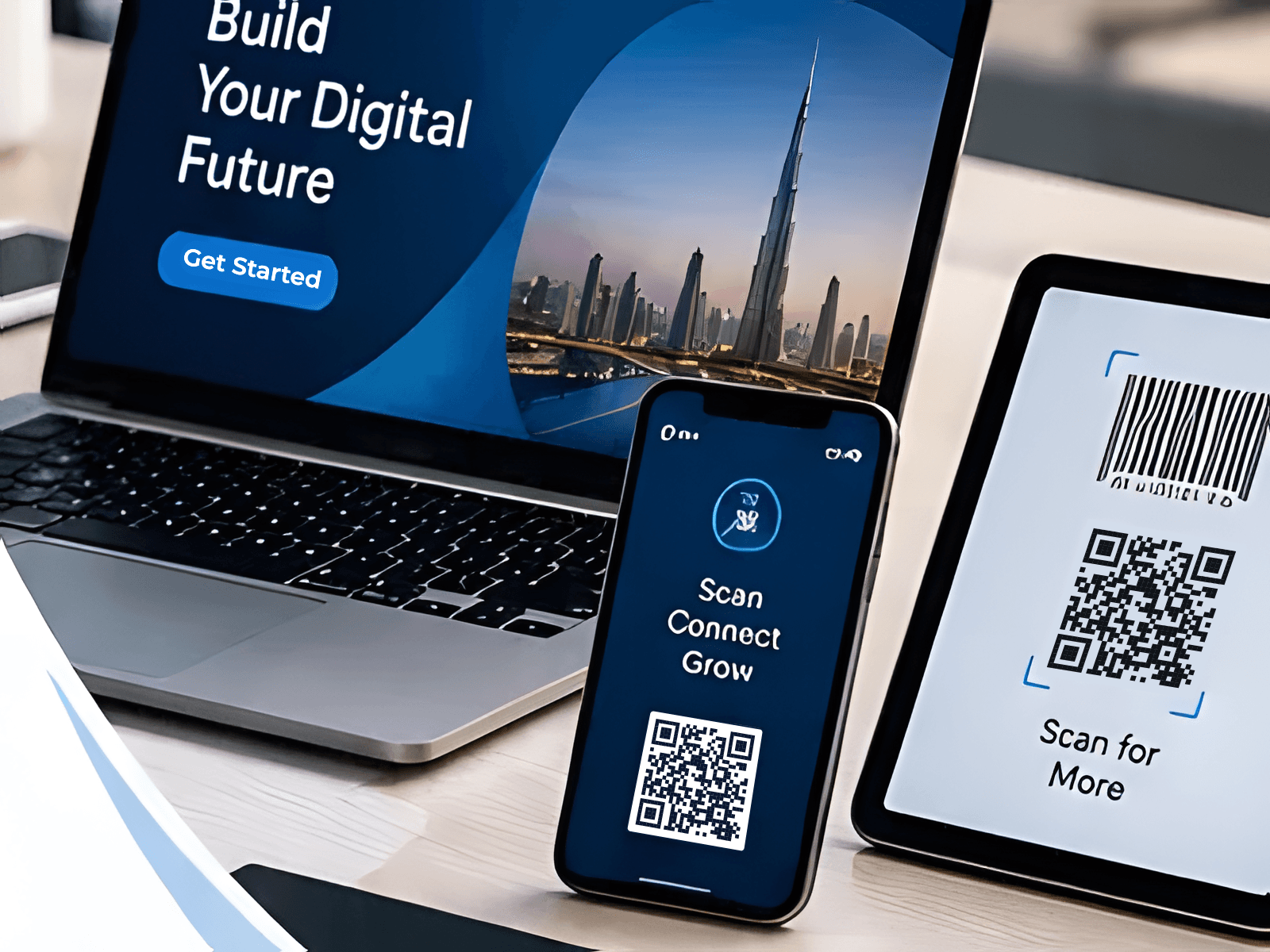Website, QR code and barcode scanning on laptop, phone and tablet